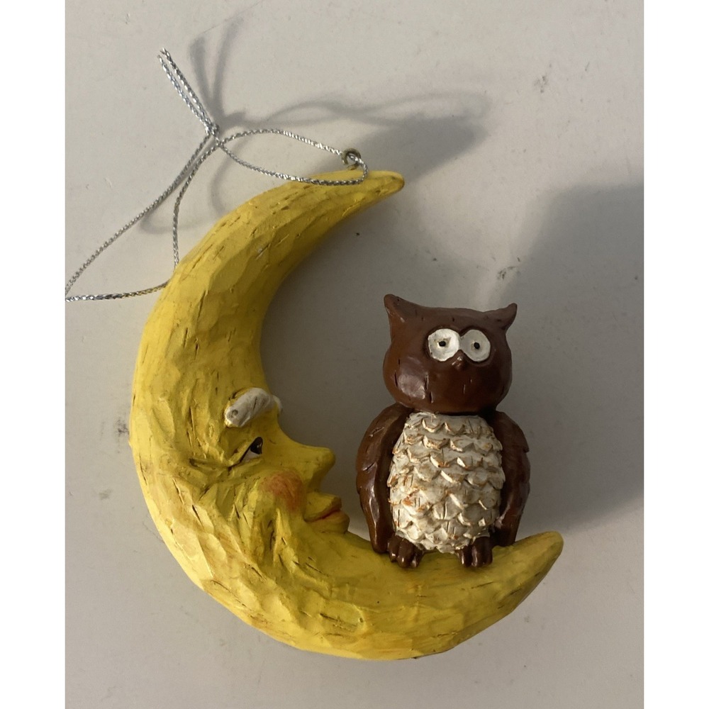 Christmas Whimsical Owl On The Moon Ornament Resin
